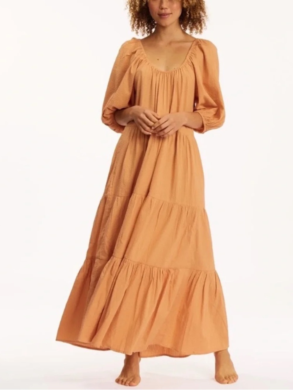 Billabong Endless Shore Puffed Sleeves Orange Tan Tiered Ribbed Maxi Dress M